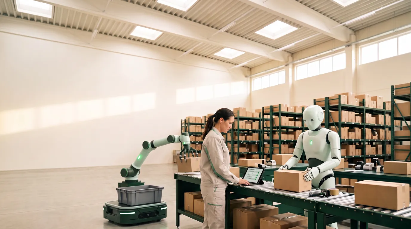 A worker, a humanoid robot and a mobile robot arm packing boxes side by side at one bench in a bright warehouse.