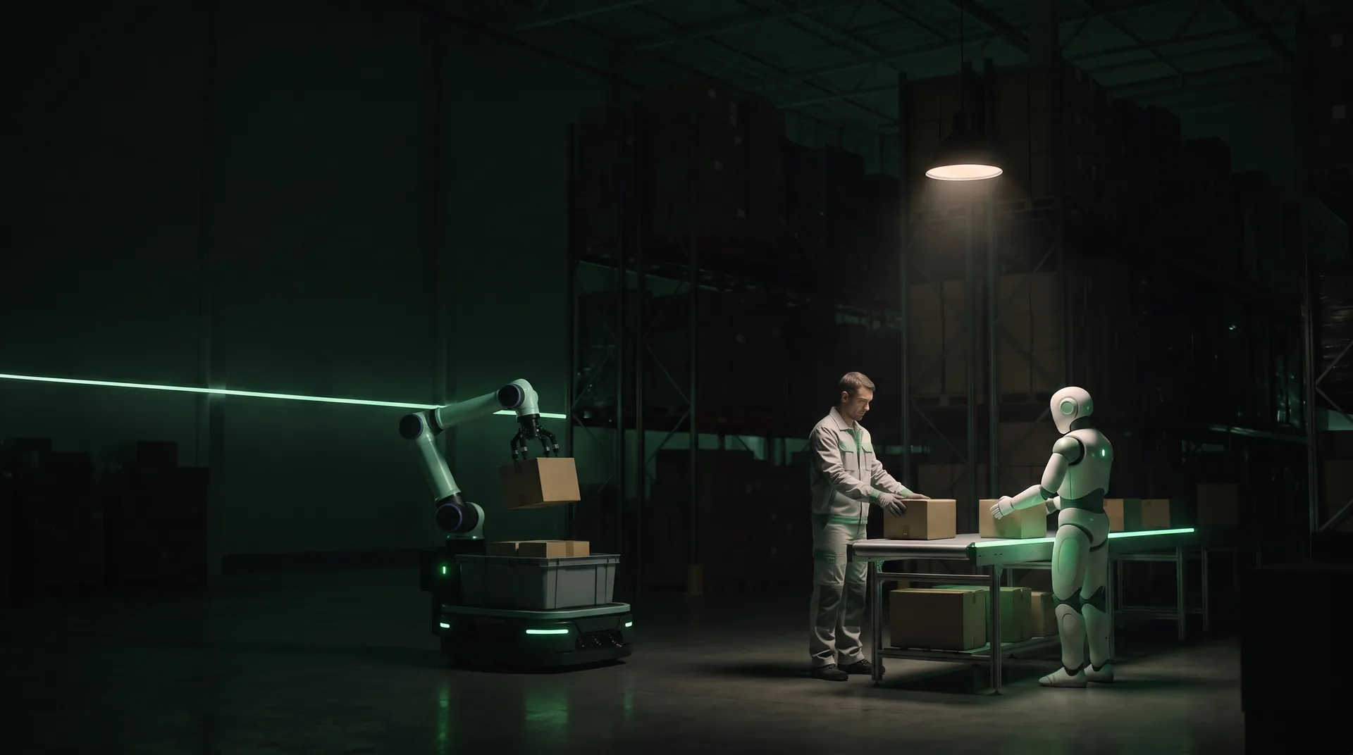 A night shift: one worker, a humanoid robot and a mobile robot arm at one bench under a single lamp.