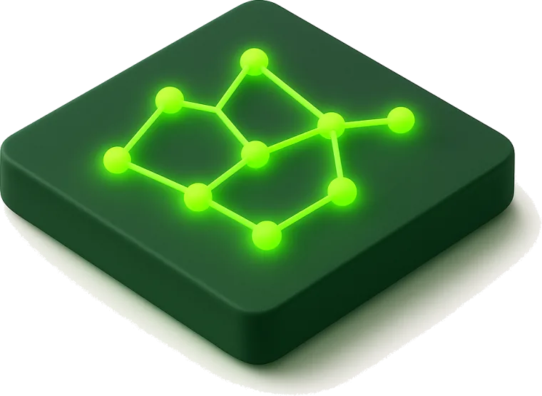 A dark slab with a glowing green node graph on top.