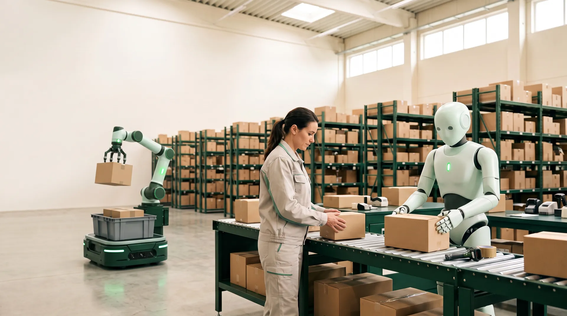 A warehouse worker packing boxes at one bench with a humanoid robot and a mobile robot arm.