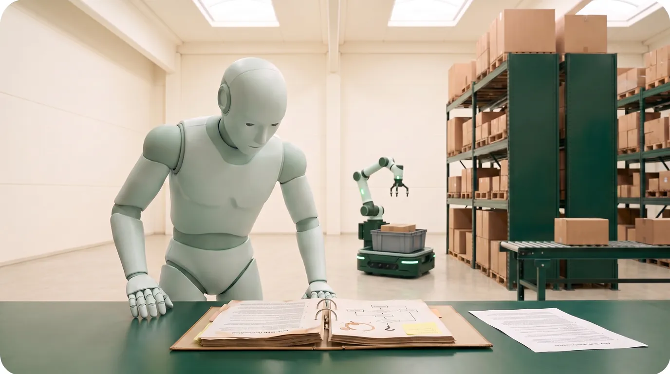 A humanoid robot leaning over an open procedure binder at a green bench.