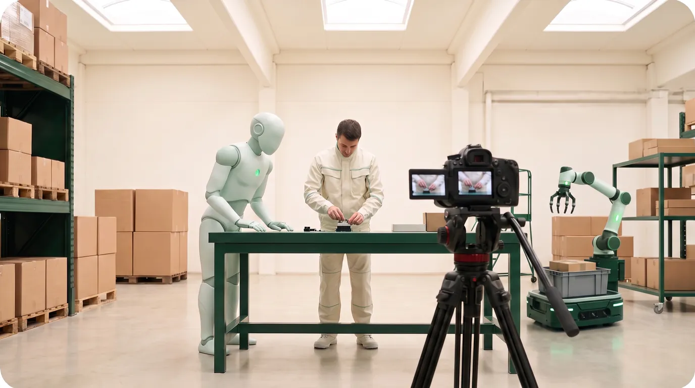 A camera on a tripod filming a worker at a bench while a humanoid robot watches.