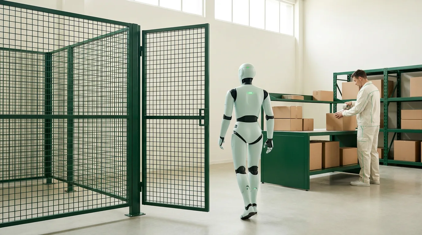 A robot walking out through the open gate of a green safety cage toward a bench where a worker is packing boxes.