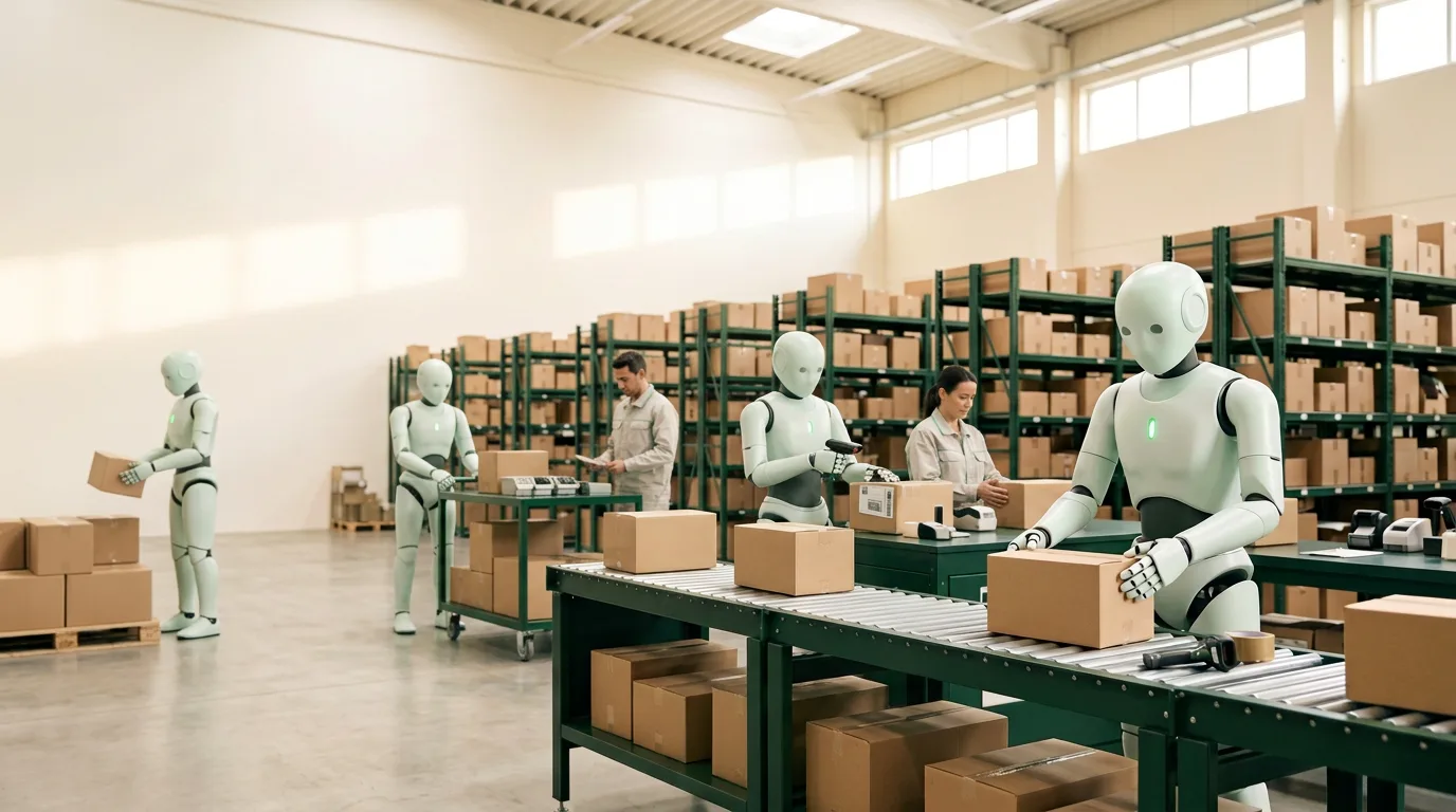 A packing hall where five robots and two workers share one line, with no fencing between them.
